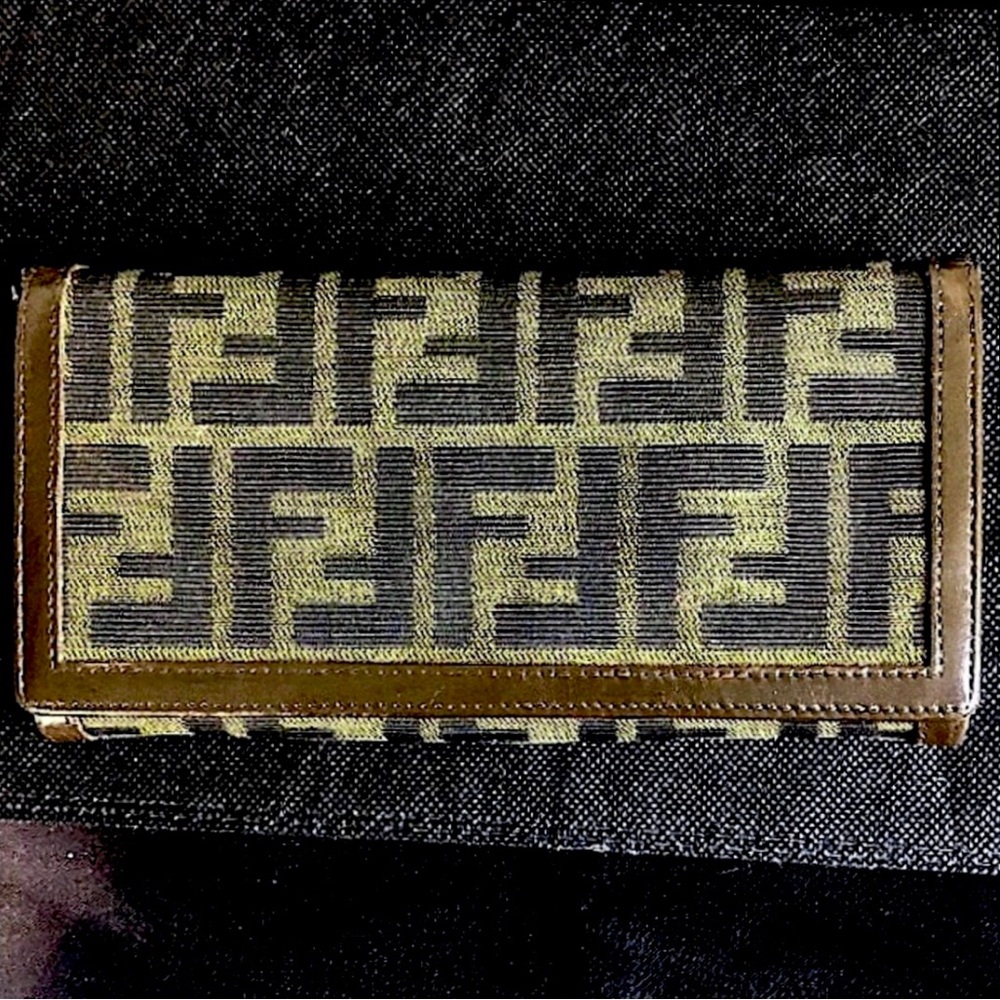 FENDI Zucca Navy Canvas and Brown Leather Snap Wallet 8 Credit Cards 4 Billfolds